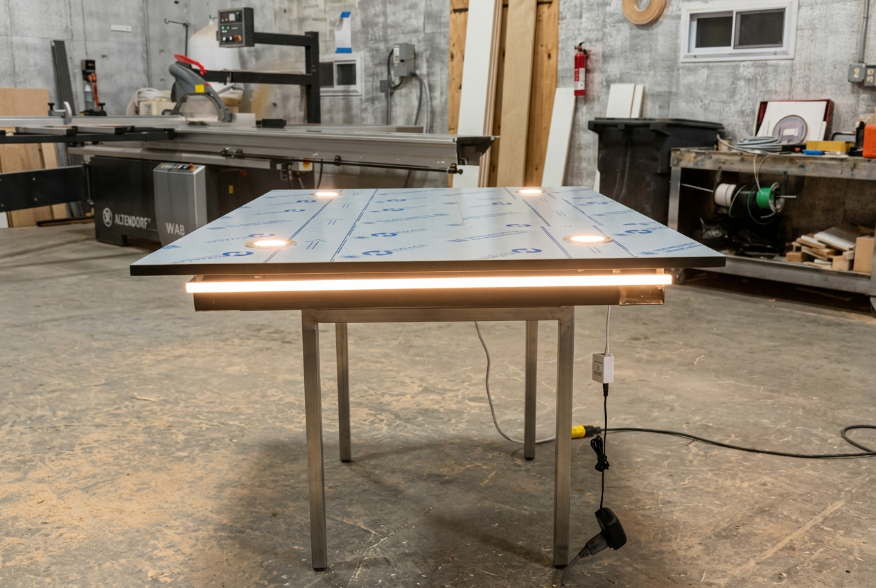 Newly fabricated bronze elevator cab ceiling panel with LED lighting on a metal stand in the CNS Brooklyn fabrication shop
